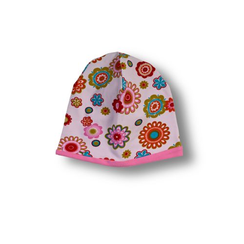 Otroška kapa – Pisane rože + roza  (velikost M)